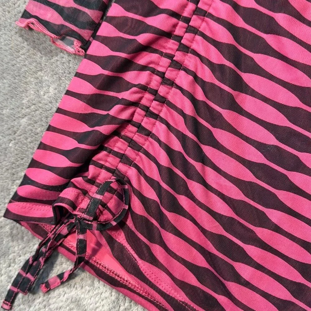 Edikted Pink Black Zebra Mesh 2 Piece Set Crop Top Ruched Mini Skirt Size M Y2K
